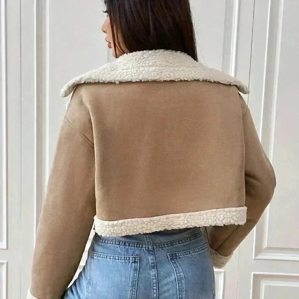 Khaki Casual Womens Teddy Lined Zip Up Moto Jacket - Picture 4 of 7